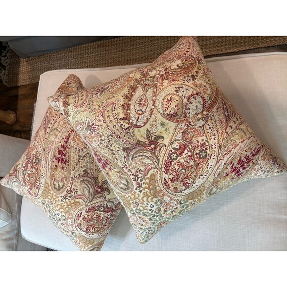 Ralph Lauren Paisley Red Gold Down Feather Throw Pillow Bundle 20x20" Stripe Rev